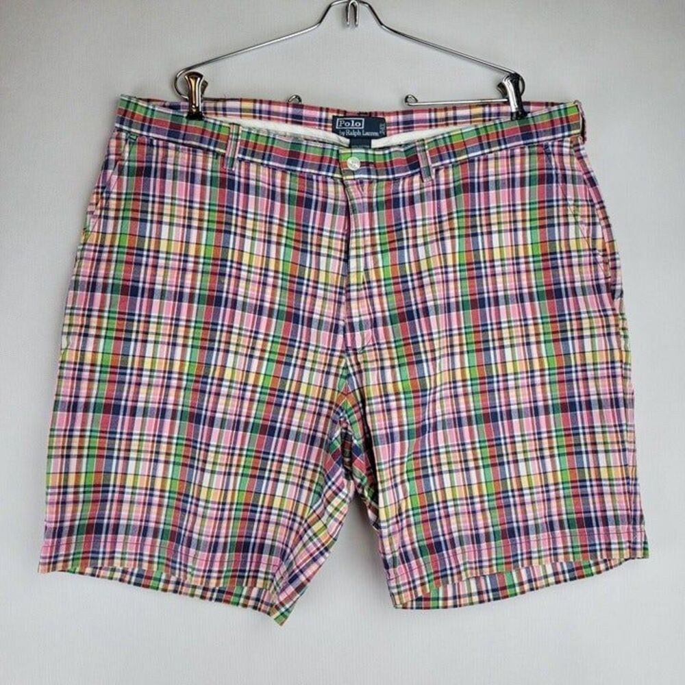 Polo Ralph Lauren Mens Size 42 Multicolor Plaid Cotton Flat Front Chino Shorts